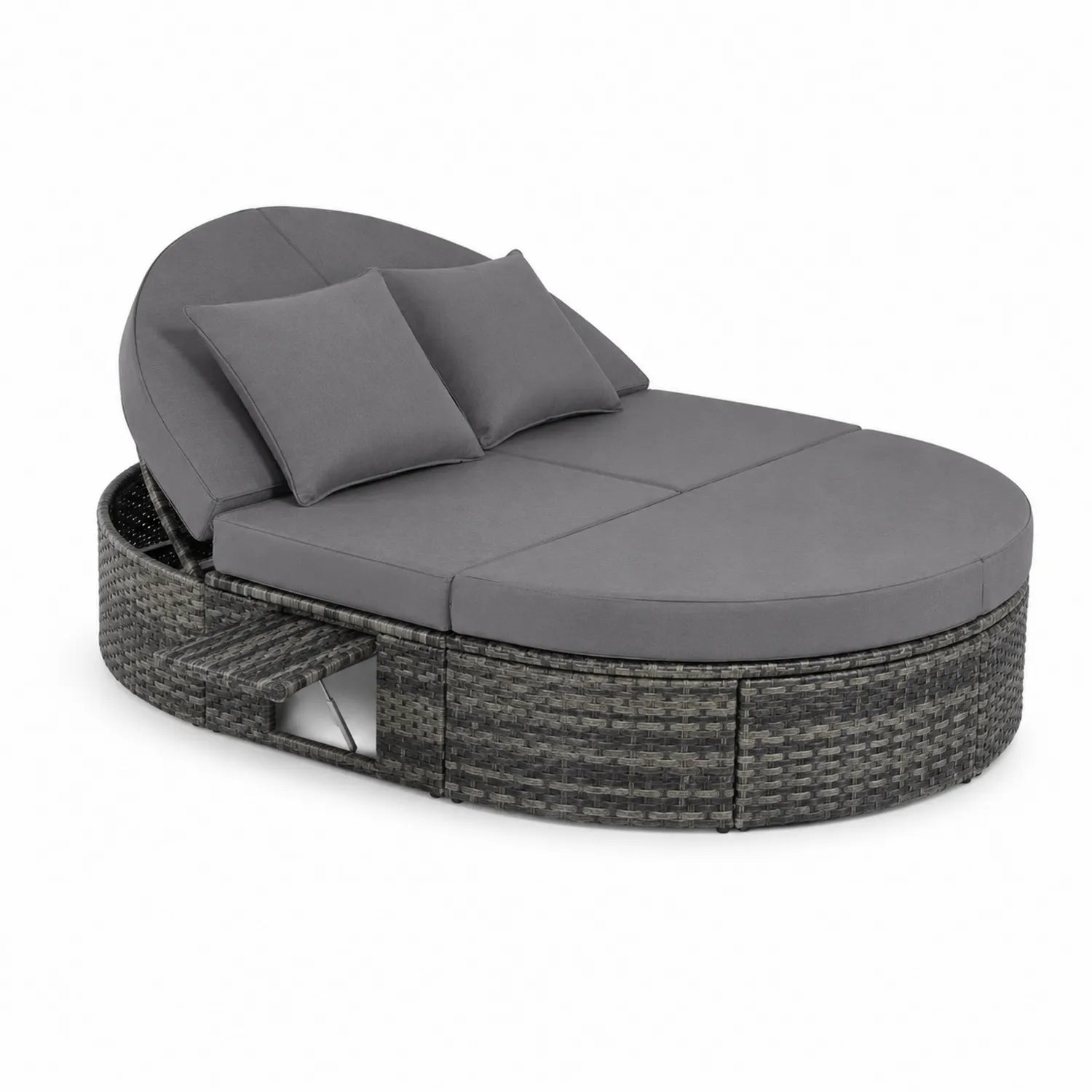 Rundes Polyrattan-Tagesbett mit Kissen Grau 200 cm
