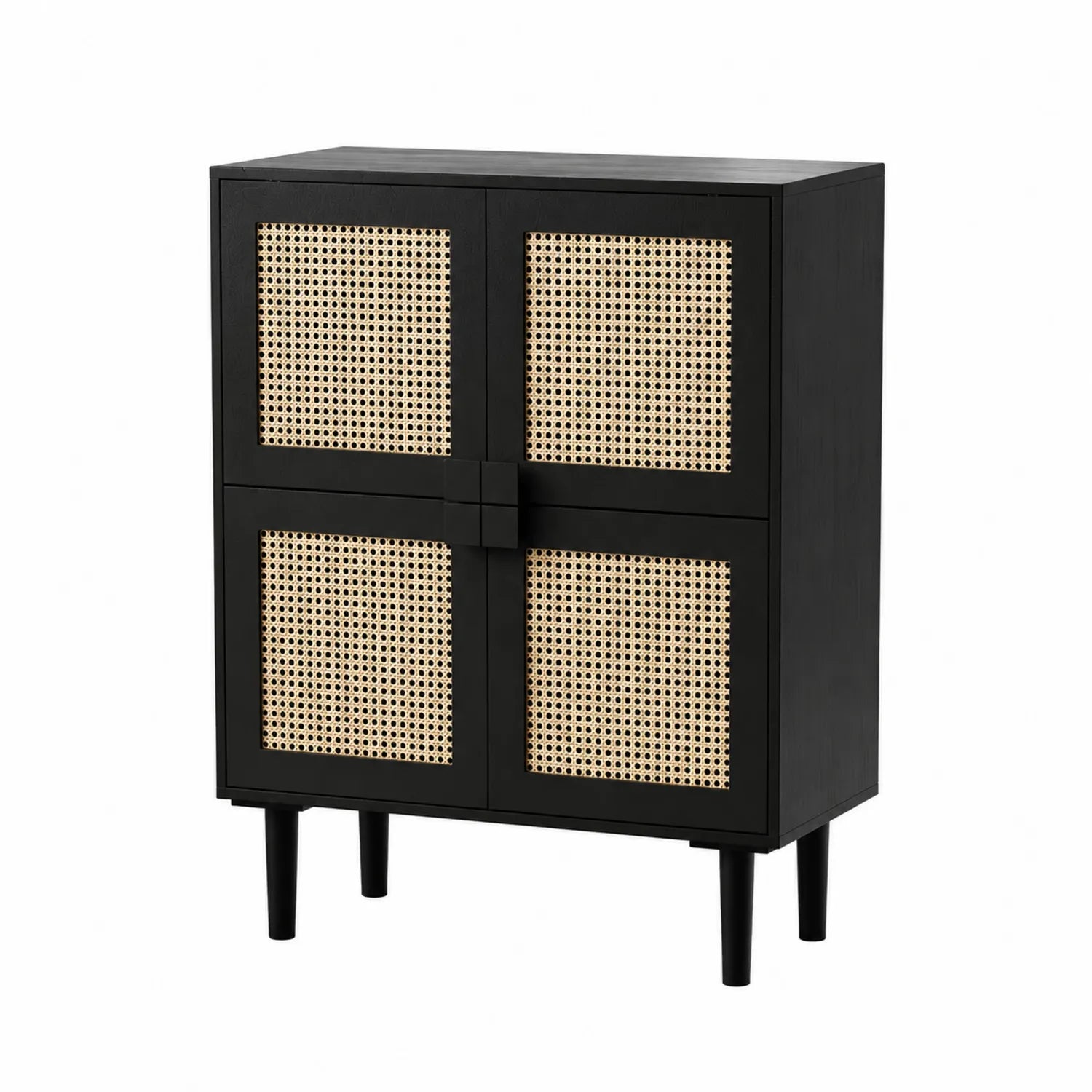 Schwarzes Holz-Sideboard mit Rattan-Türen 80x40x120 cm