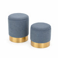 Rundes Hocker-Set aus Polyestergewebe und Metall in Blau und Gold, großer Hocker Ø35x40 cm, kleiner Hocker Ø30x35 cm