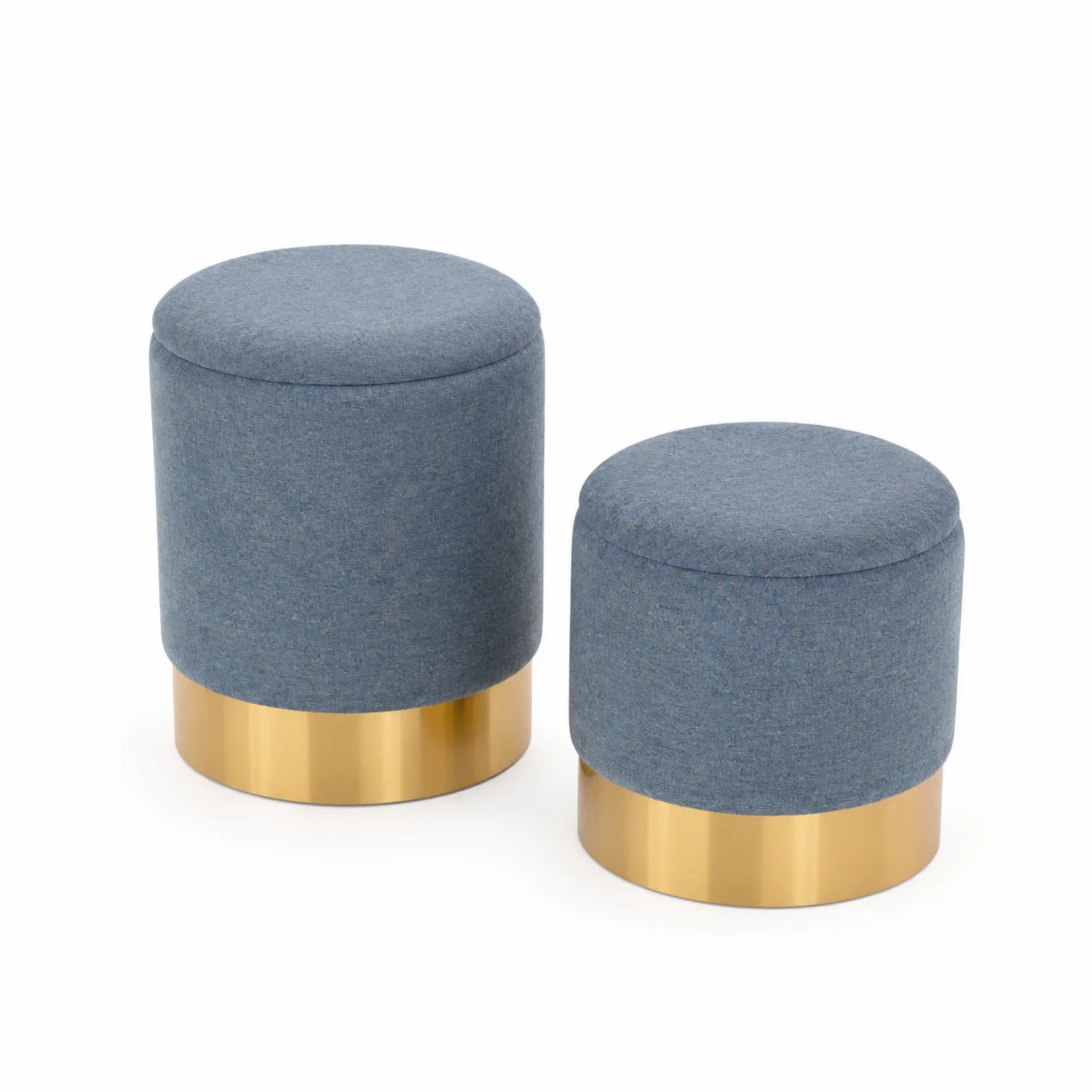 Rundes Hocker-Set aus Polyestergewebe und Metall in Blau und Gold, großer Hocker Ø35x40 cm, kleiner Hocker Ø30x35 cm
