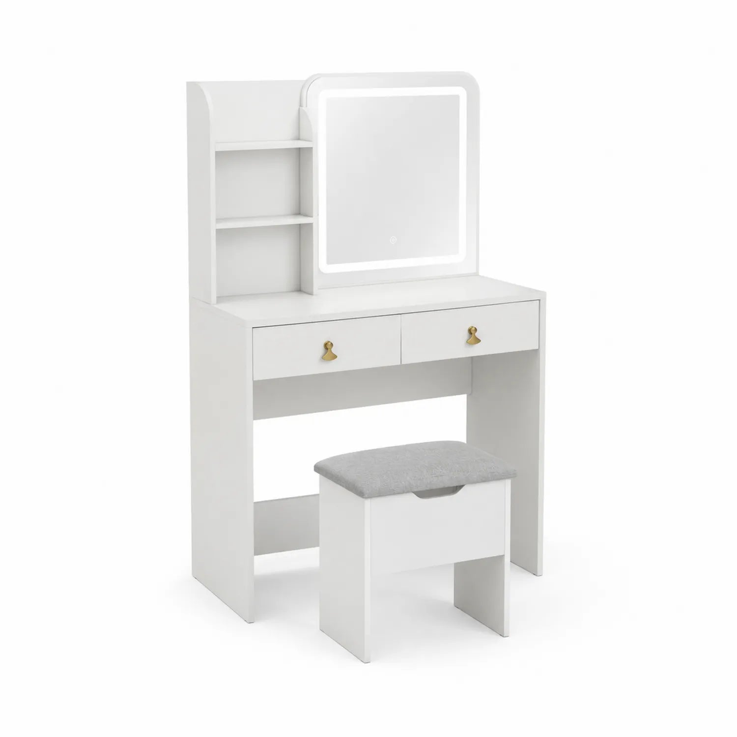 Schminktisch Set MDF Weiß mit LED-Spiegel und Hocker