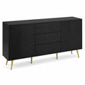 Sideboard mit Schubladen und Türen aus Holzfurnier, Schwarz mit goldenen Metallbeinen, 150x40x80 cm