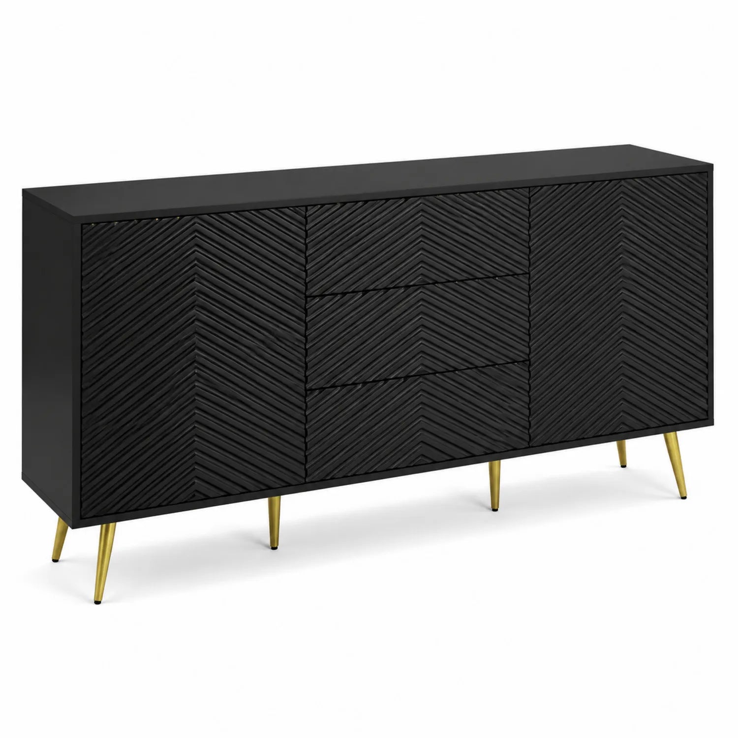Sideboard mit Schubladen und Türen aus Holzfurnier, Schwarz mit goldenen Metallbeinen, 150x40x80 cm
