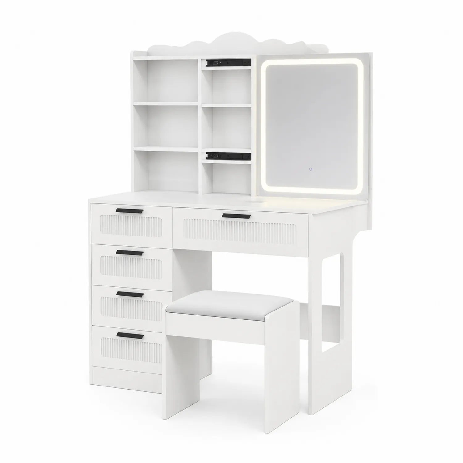 Schminktischset mit LED-Spiegel und Hocker Weiß MDF