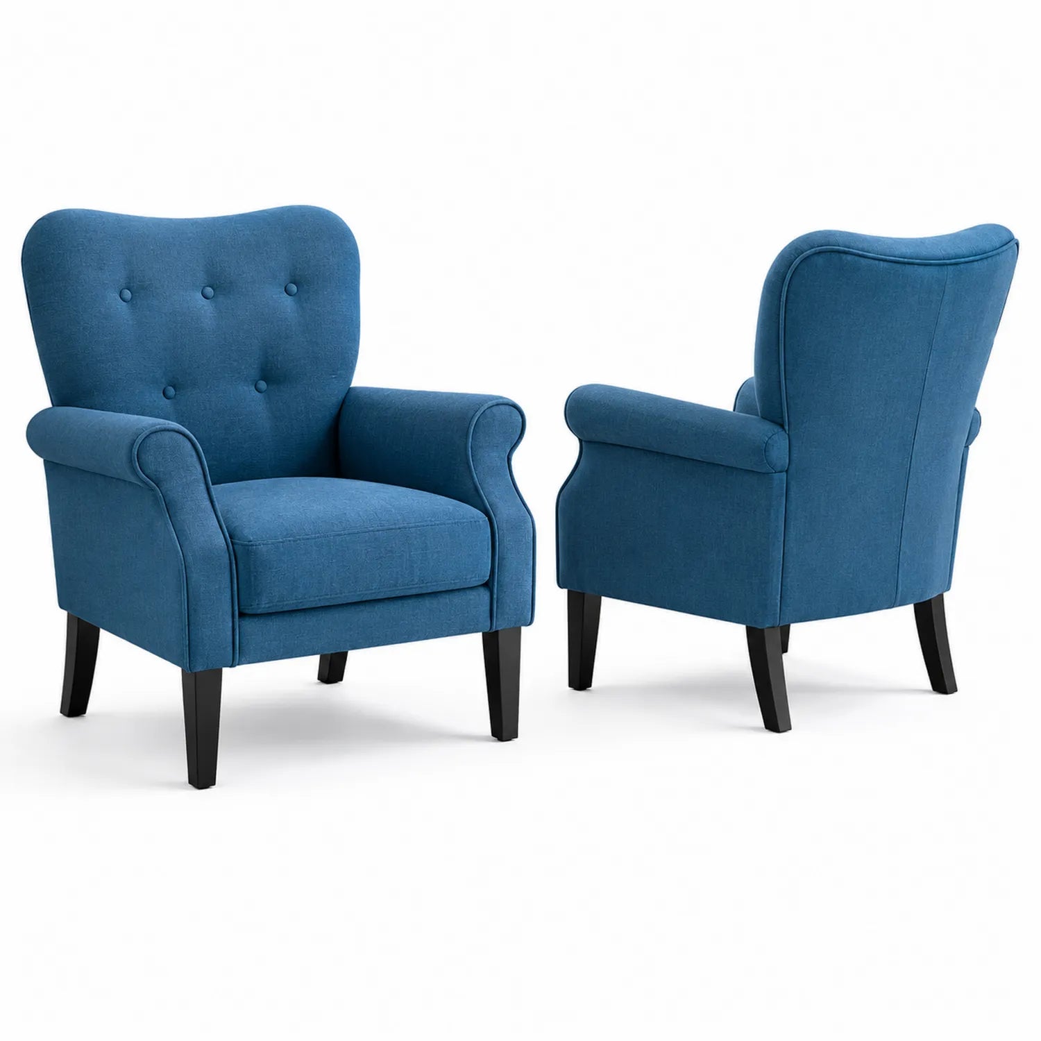 Blauer Leinenstoff-Sessel-Set mit Massivholzrahmen
