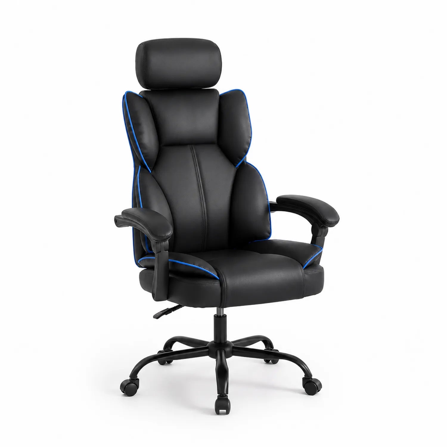 Ergonomischer Bürostuhl Kunstleder Schwarz/Blau mit Kopfstütze