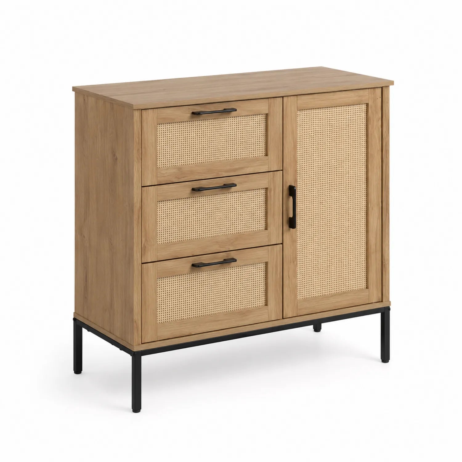Holz-Sideboard mit Rattanfronten und Metallbeinen
