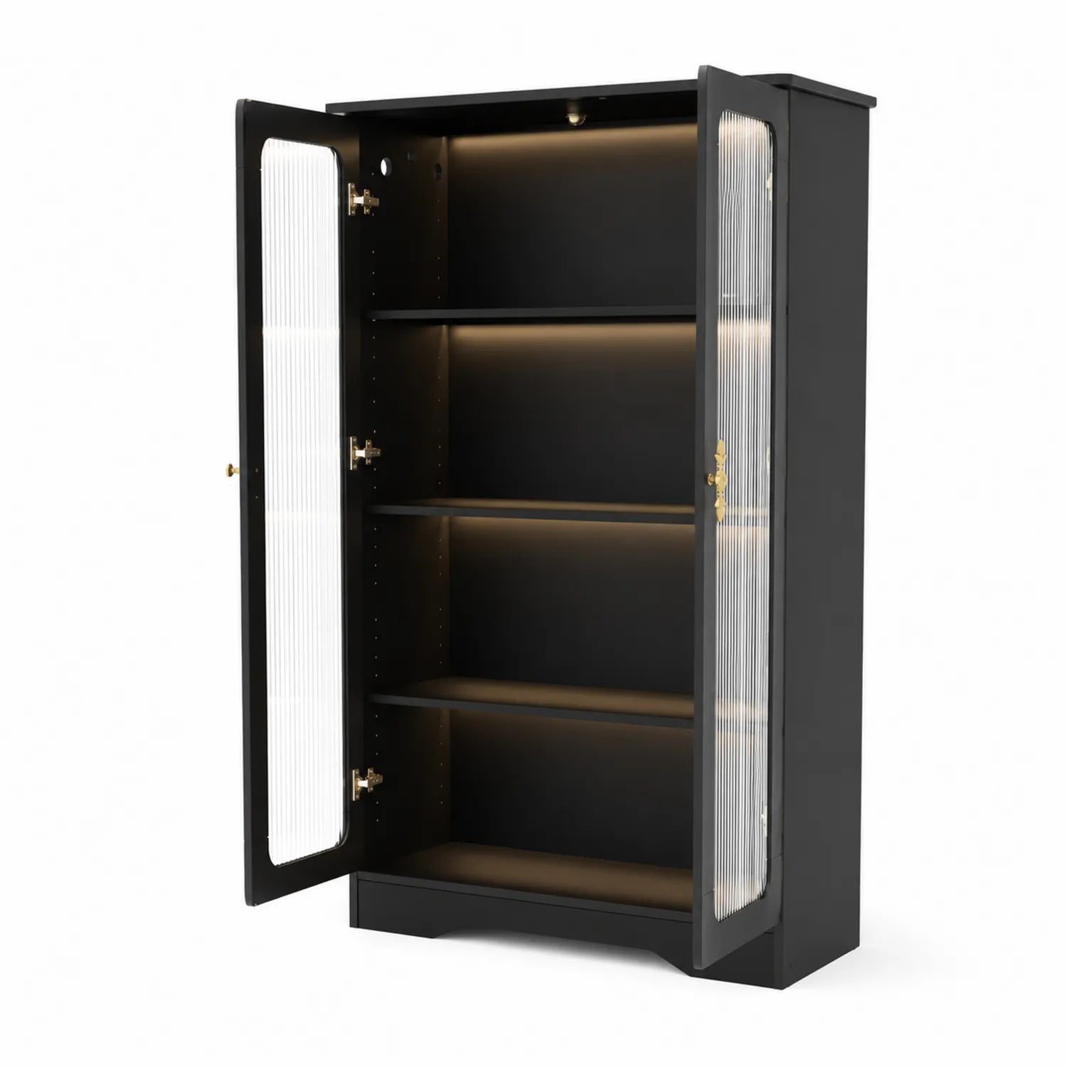 Schwarzer Holzschrank mit geriffeltem 4 mm Glas und LED-Beleuchtung